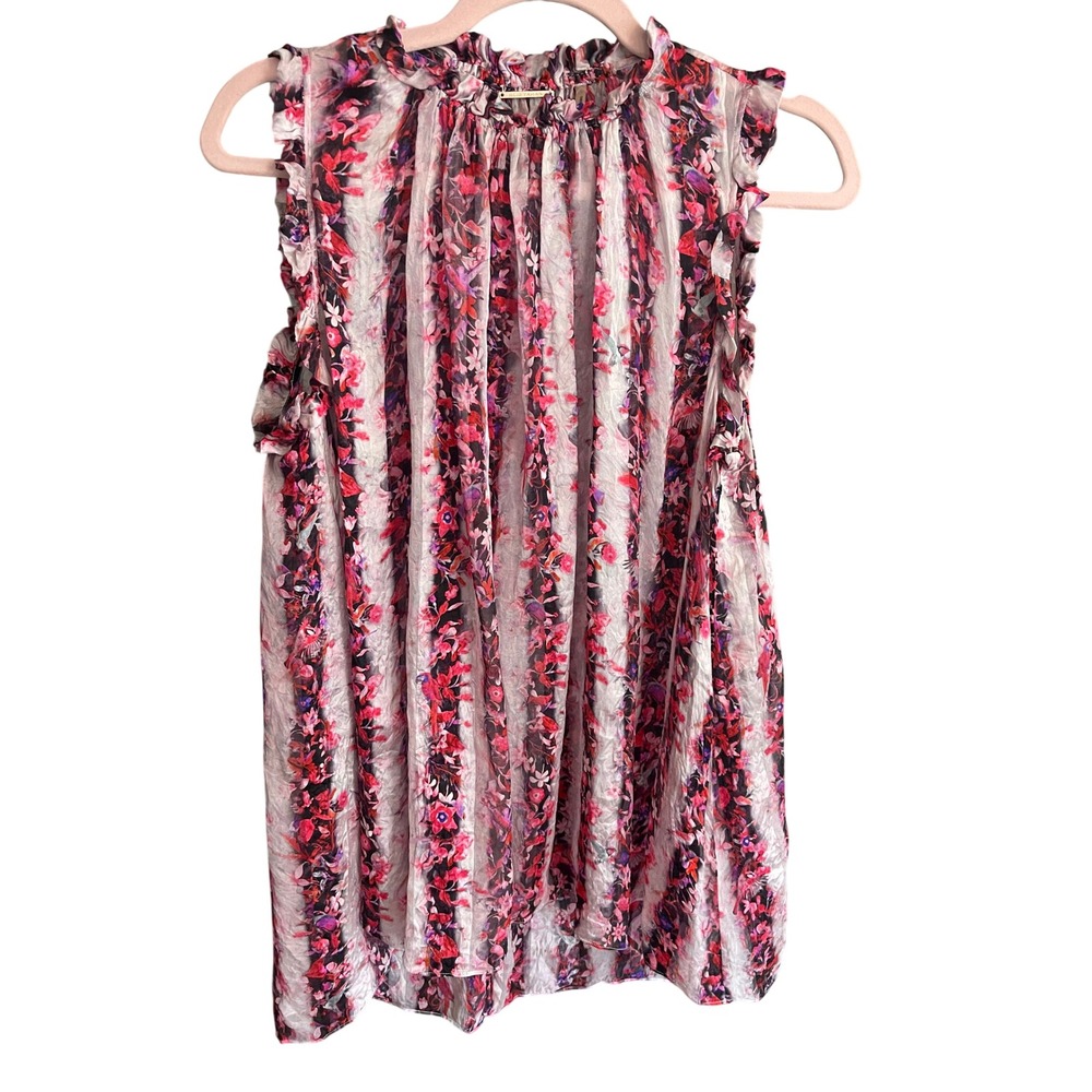 Elie Tahari Silk Floral Ruffle High Neck Sleeveless Blouse Careercore Large?
